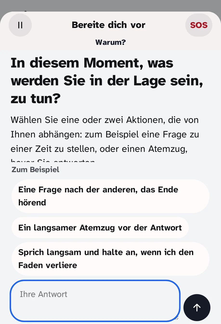 Das Script Mach dich bereit in der Mitte: die Frage "In diesem Moment, was kannst du tun?" mit drei Beispielen zu berühren.