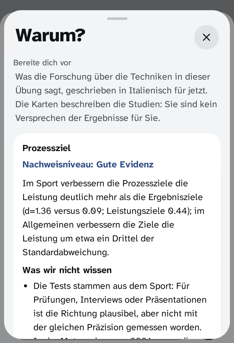 Das Blatt "Warum?" von "Vorbereitungen": Prozessziele, Teststufe "Provinz gut" und was wir nicht wissen.