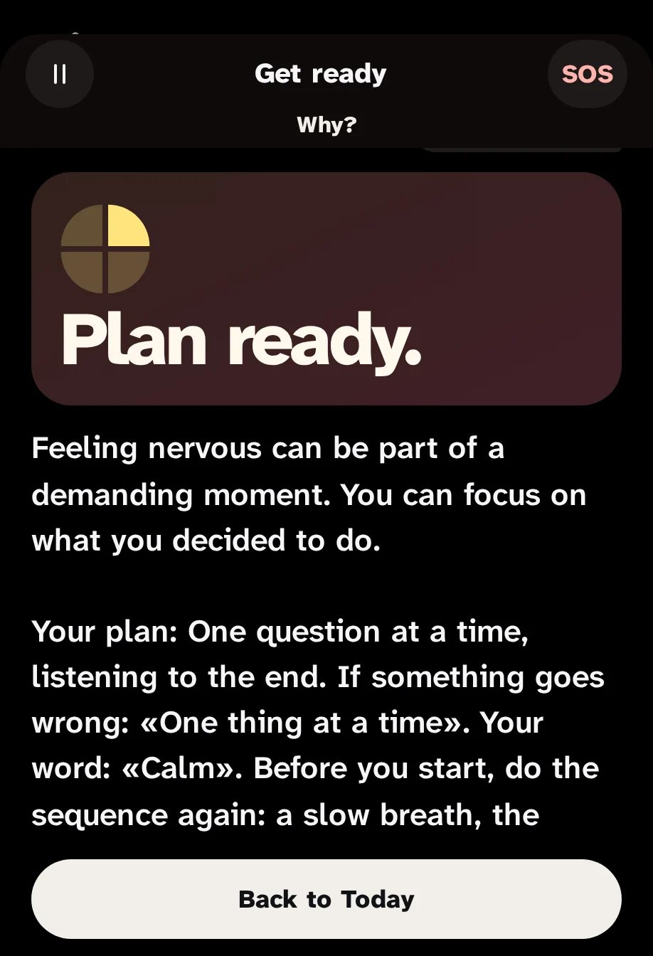 The end of Prepares: "Piano pronto." and the plan, with the word "Con calme."