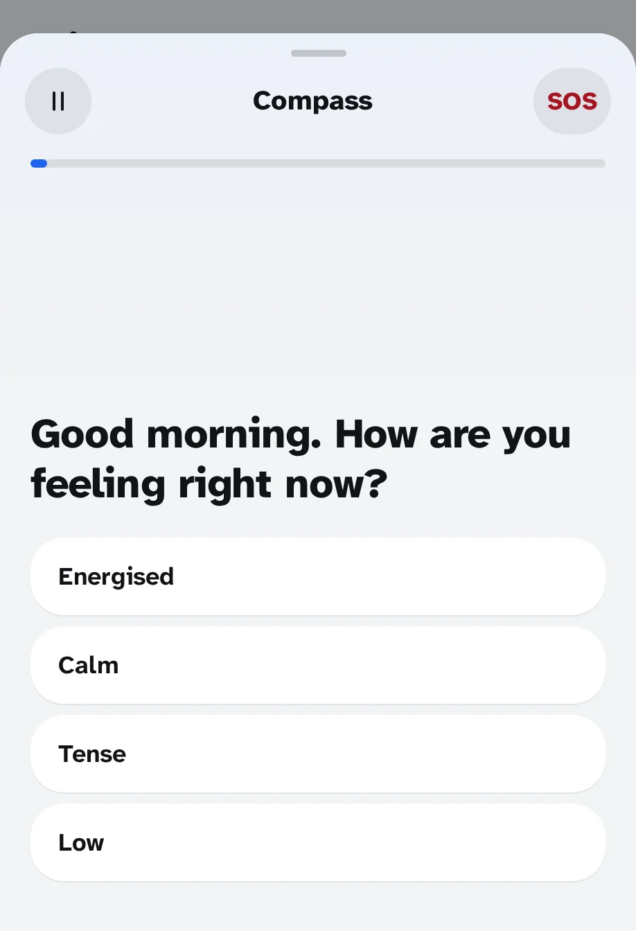 The Compass of the app: "Good morning. How do you feel now?" with four answers: With energy, In peace, With tension, Down of morale.