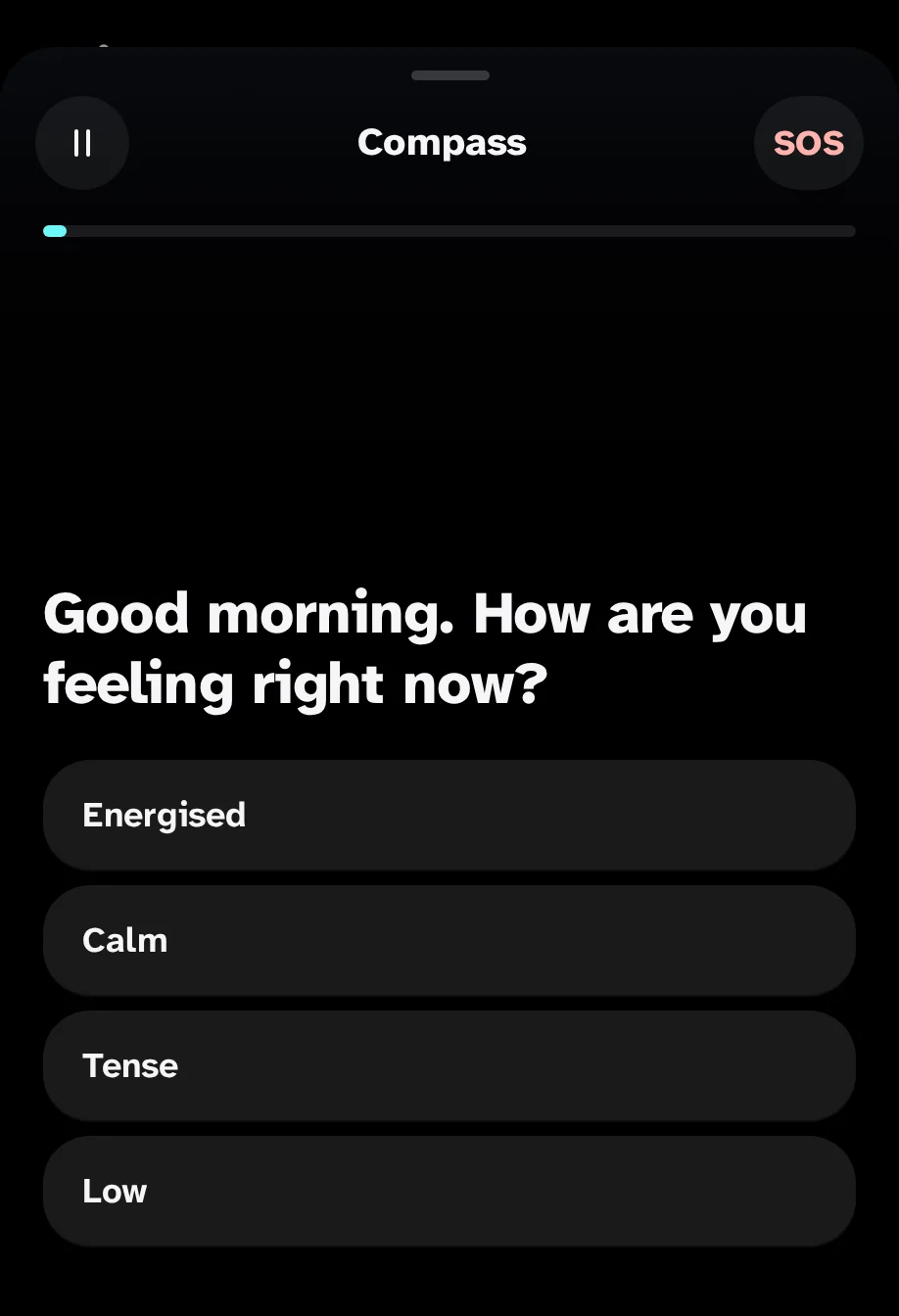 The Compass of the app: "Good morning. How do you feel now?" with four answers: With energy, In peace, With tension, Down of morale.