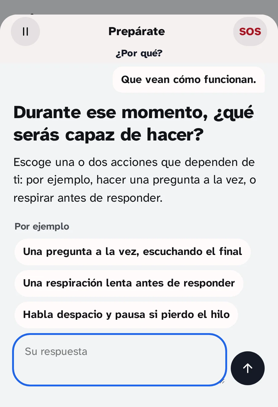 El guión Prepárate a la mitad: la pregunta "Durante ese momento, ¿qué puedes hacer?" con tres ejemplos para tocar.