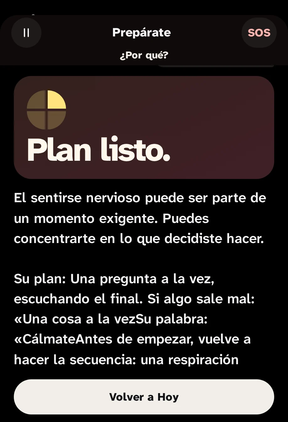 El final de Prepara: "Piano pronto." y el plan, con la palabra "Con calma".