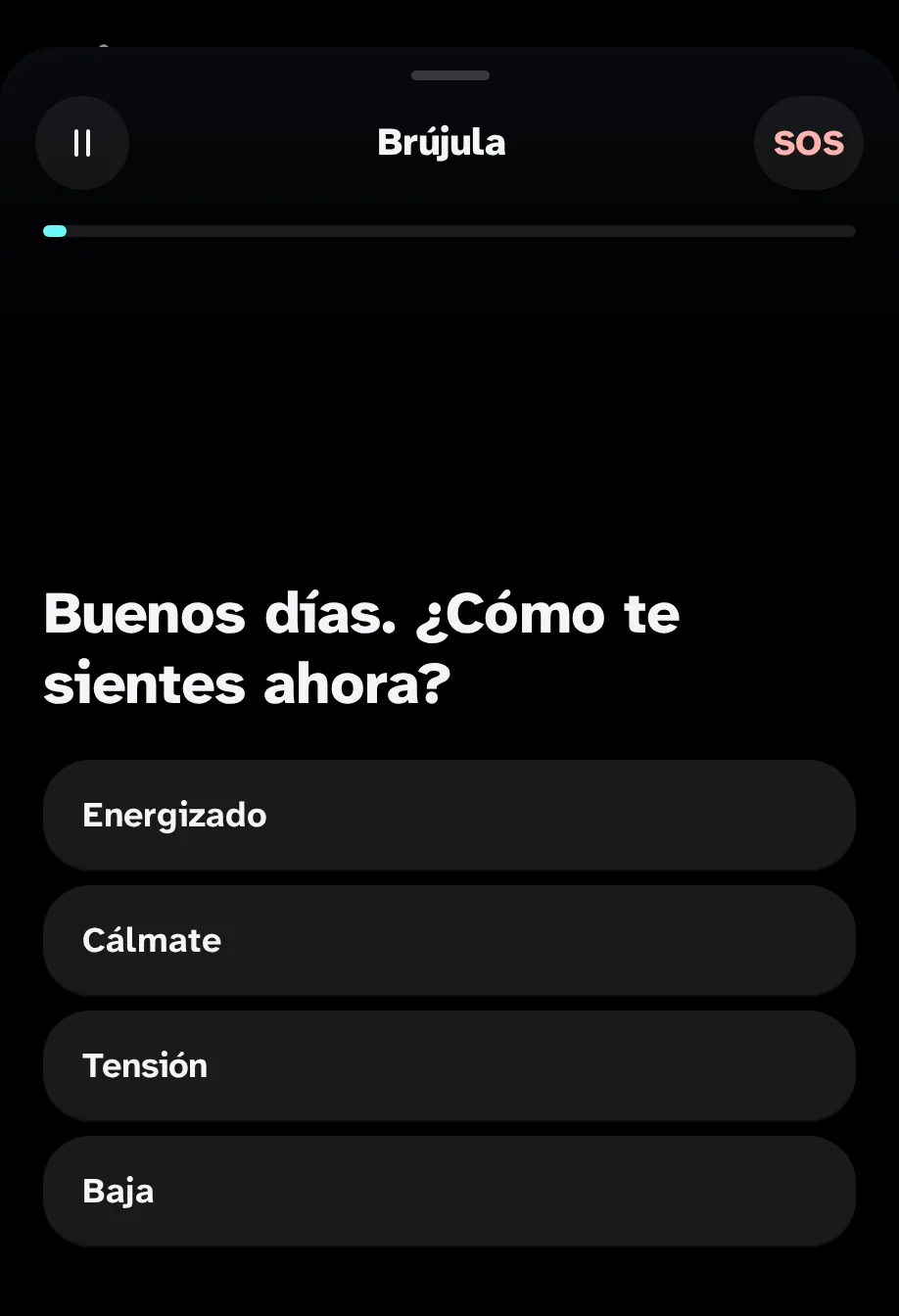La Compás de la aplicación: "Buenos días. ¿Cómo te sientes ahora?" con cuatro respuestas: Con energía, En paz, Con tensión, Derribo de moral.