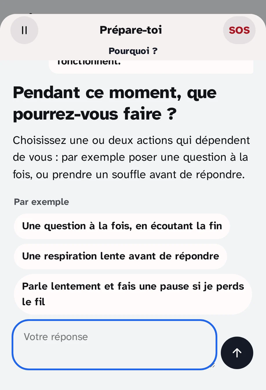 Le script Préparez-vous en deux : la question « Pendant ce moment, que pouvez-vous faire ? » avec trois exemples à toucher.