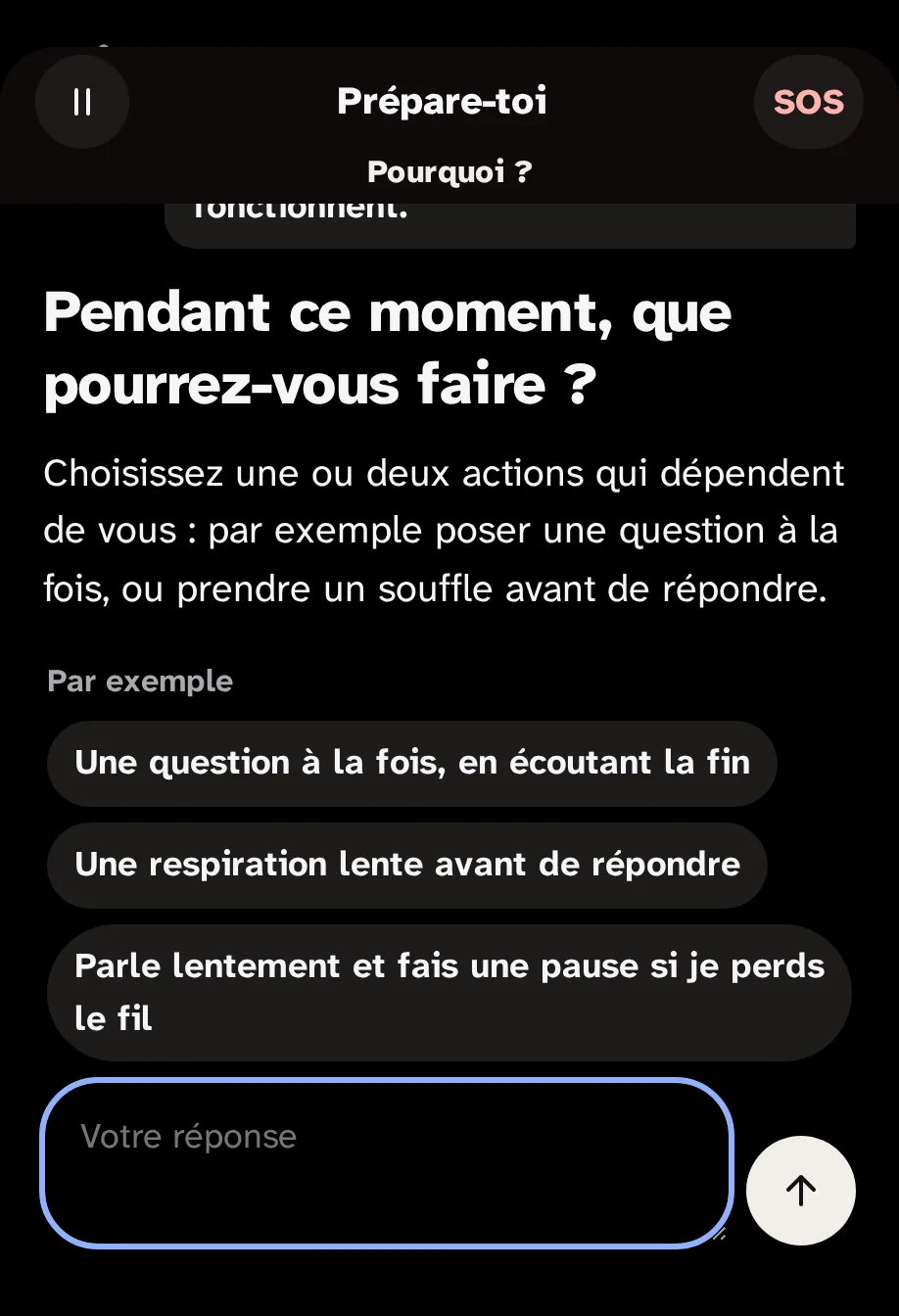 Le script Préparez-vous en deux : la question « Pendant ce moment, que pouvez-vous faire ? » avec trois exemples à toucher.