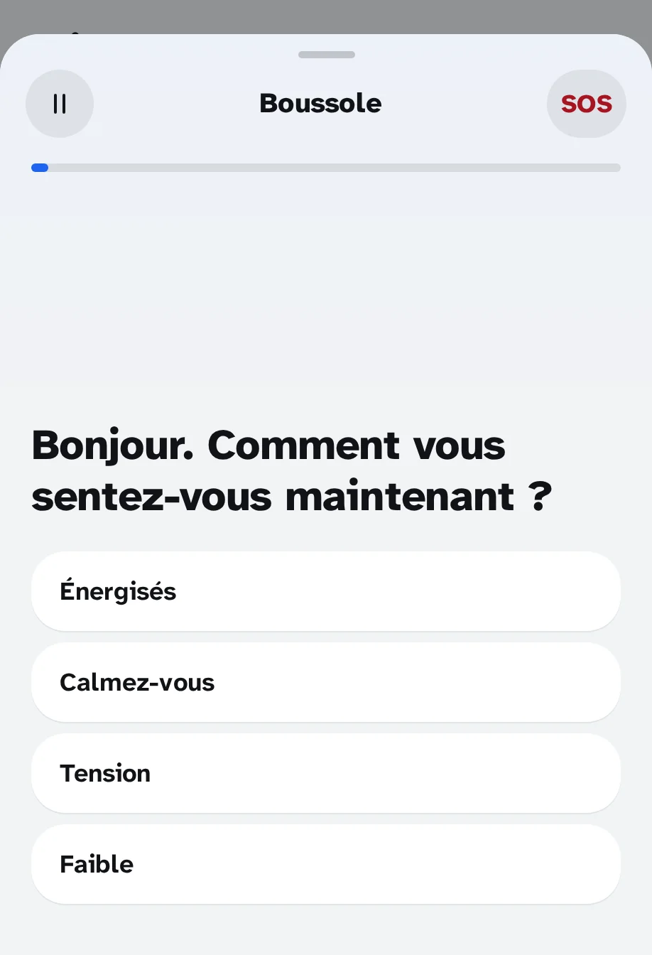 La Boussole de l'application: "Bonjour. Comment vous sentez-vous maintenant?" avec quatre réponses: Avec énergie, En paix, Avec tension, Abaissement du moral.