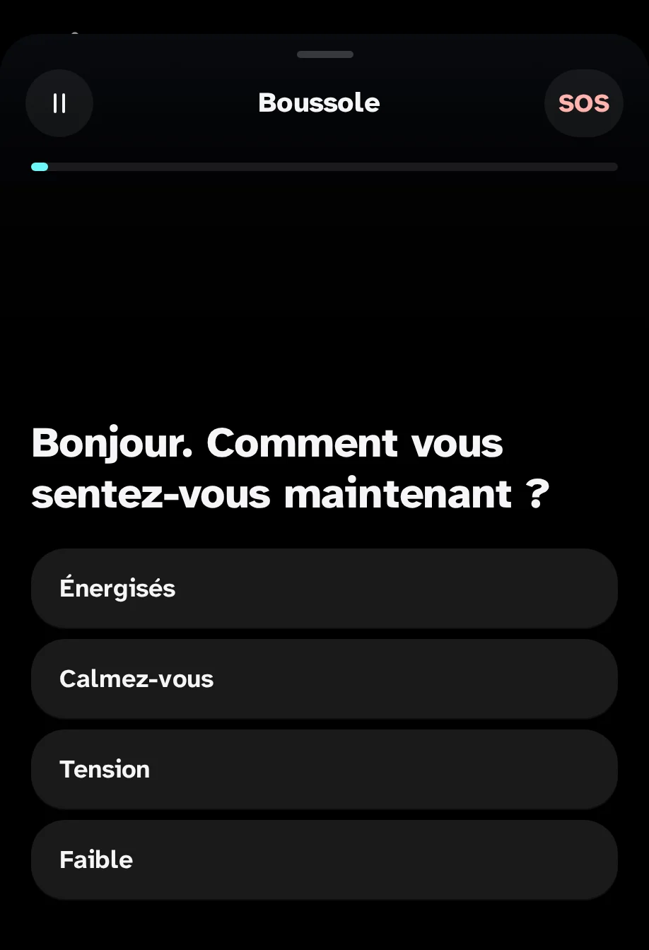 La Boussole de l'application: "Bonjour. Comment vous sentez-vous maintenant?" avec quatre réponses: Avec énergie, En paix, Avec tension, Abaissement du moral.
