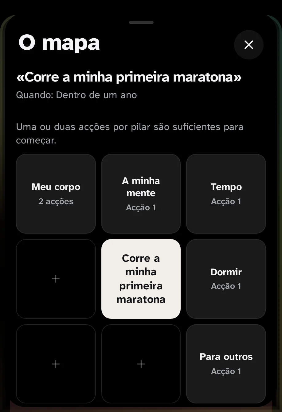 O mapa de cima: no centro da Maratona Correr a minha primeira maratona, em torno de cinco pilares, corpo, cabeça, tempo, sono e outros.