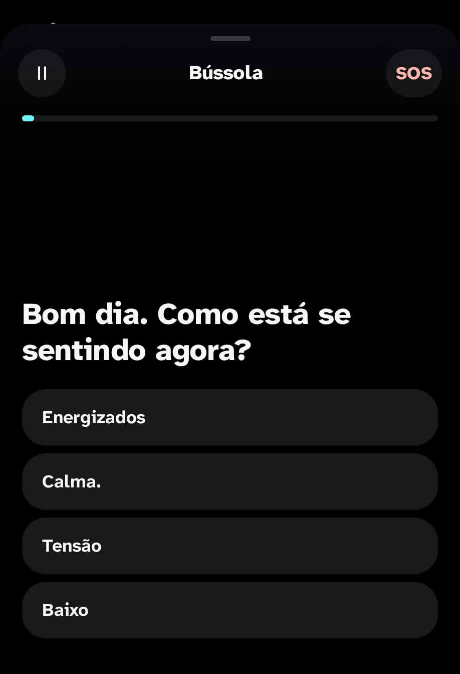A bússola do aplicativo: "Bom dia. Como se sente agora?" com quatro respostas: Com energia, Em paz, Com tensão, Baixo da moral.